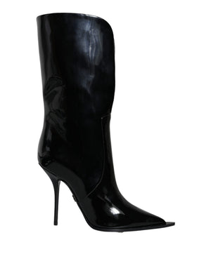 Schwarze Lackleder Mid Calf Stiefel Schuhe