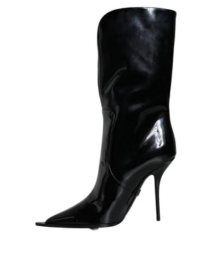 Schwarze Lackleder Mid Calf Stiefel Schuhe