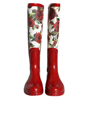 Rote geblümte kniehohe flache Gummistiefel Schuhe