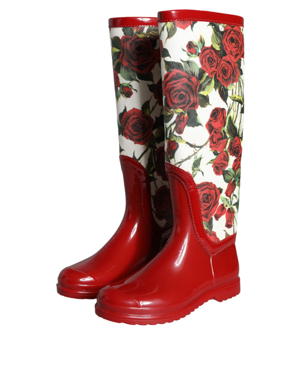 Rote geblümte kniehohe flache Gummistiefel Schuhe