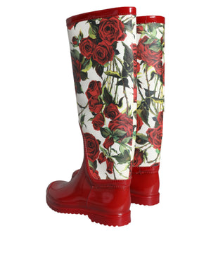 Rote geblümte kniehohe flache Gummistiefel Schuhe