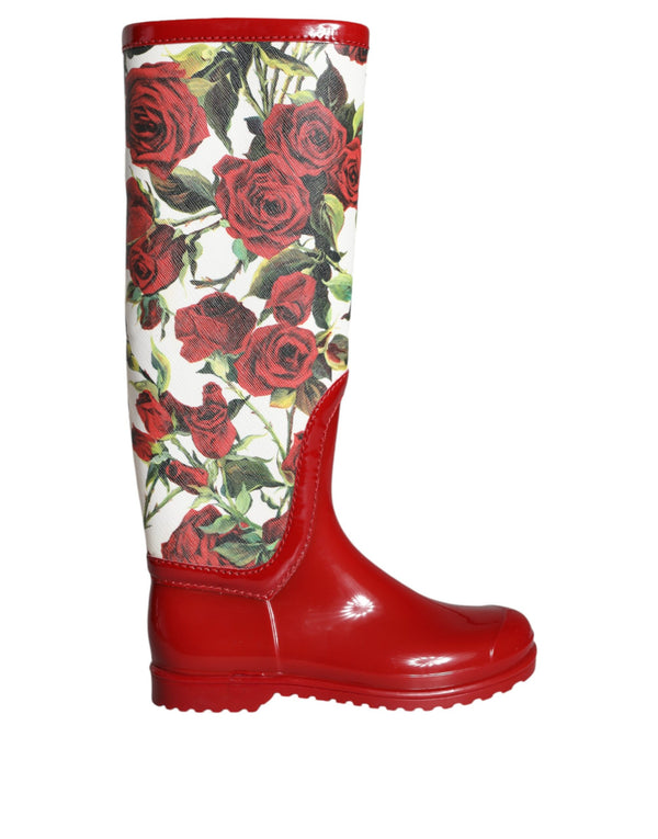 Rote geblümte kniehohe flache Gummistiefel Schuhe