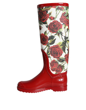 Rote geblümte kniehohe flache Gummistiefel Schuhe