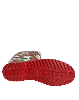 Rote geblümte kniehohe flache Gummistiefel Schuhe