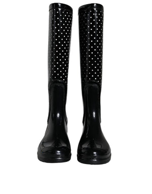 Schwarze gepunktete kniehohe Gummistiefel Schuhe