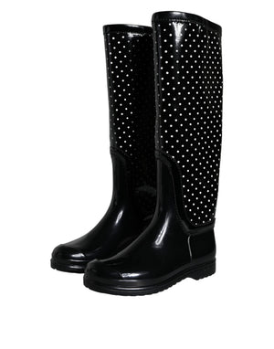 Schwarze gepunktete kniehohe Gummistiefel Schuhe
