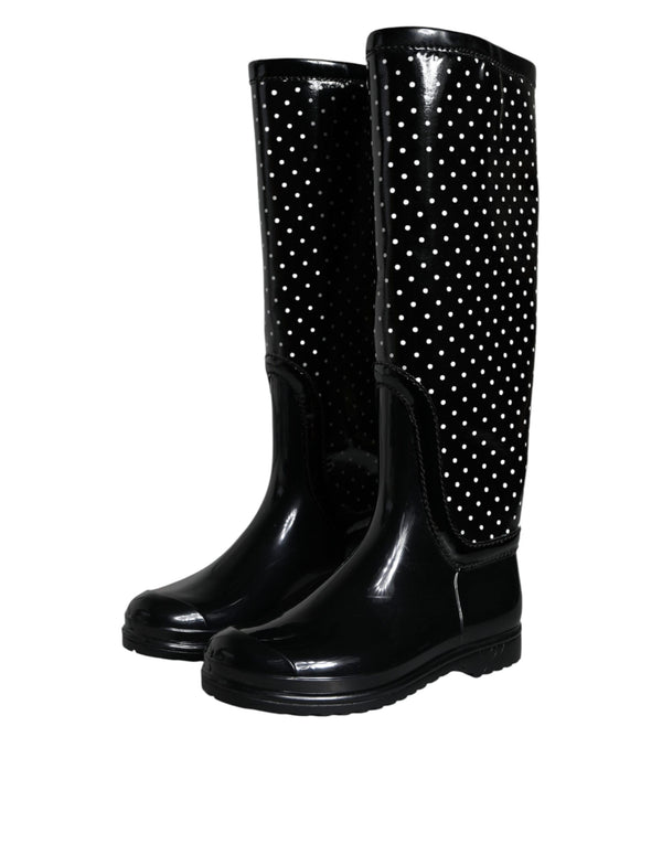 Schwarze gepunktete kniehohe Gummistiefel Schuhe