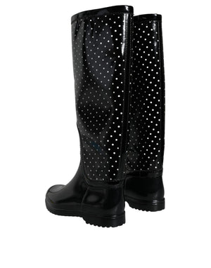Schwarze gepunktete kniehohe Gummistiefel Schuhe