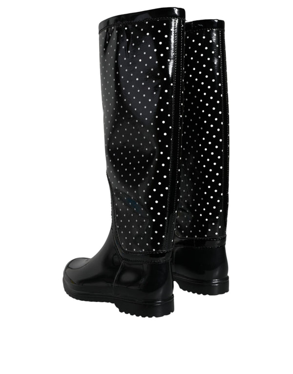 Schwarze gepunktete kniehohe Gummistiefel Schuhe