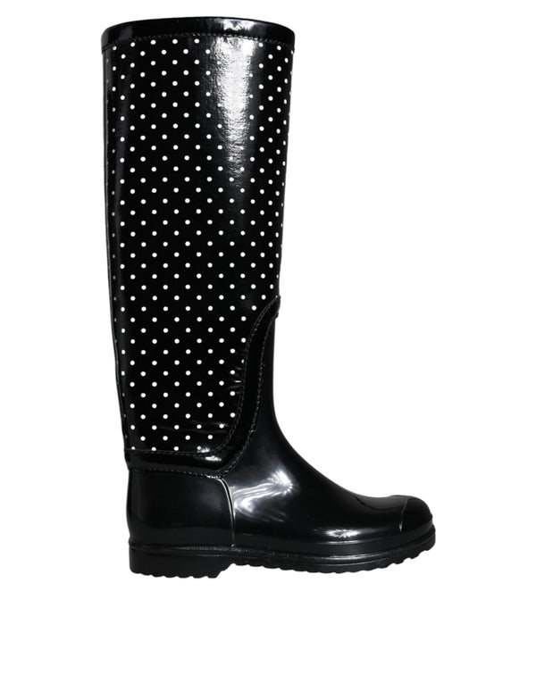 Schwarze gepunktete kniehohe Gummistiefel Schuhe