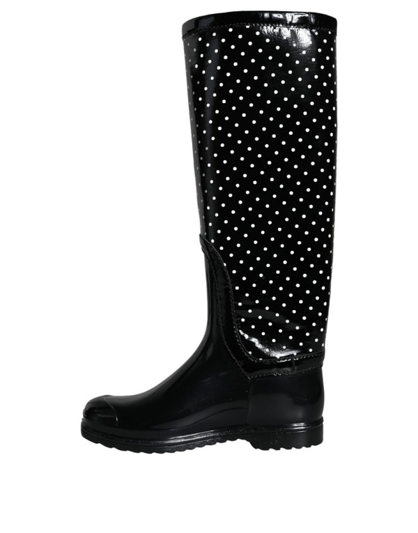 Schwarze gepunktete kniehohe Gummistiefel Schuhe