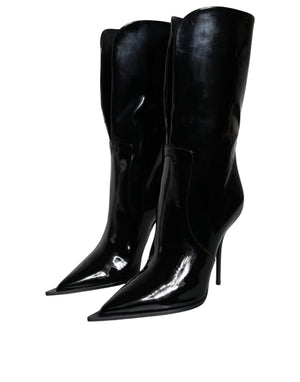 Schwarze Lackleder Mid Calf Stiefel Schuhe