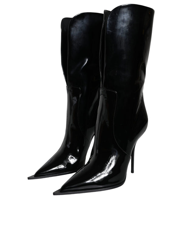 Schwarze Lackleder Mid Calf Stiefel Schuhe