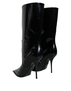 Schwarze Lackleder Mid Calf Stiefel Schuhe