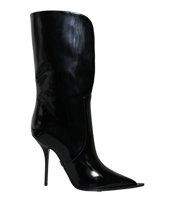 Schwarze Lackleder Mid Calf Stiefel Schuhe
