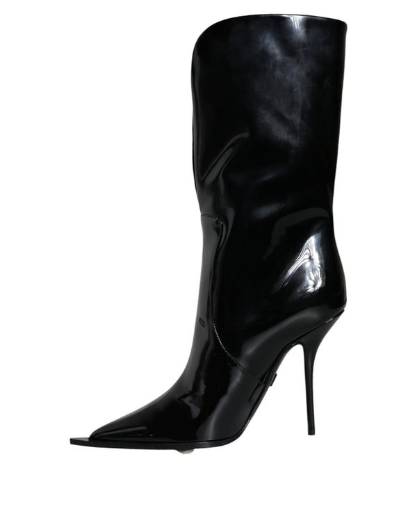 Schwarze Lackleder Mid Calf Stiefel Schuhe