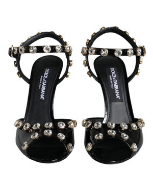 Schwarze Leder-Kristall-Knöchelriemen-Sandalen Schuhe