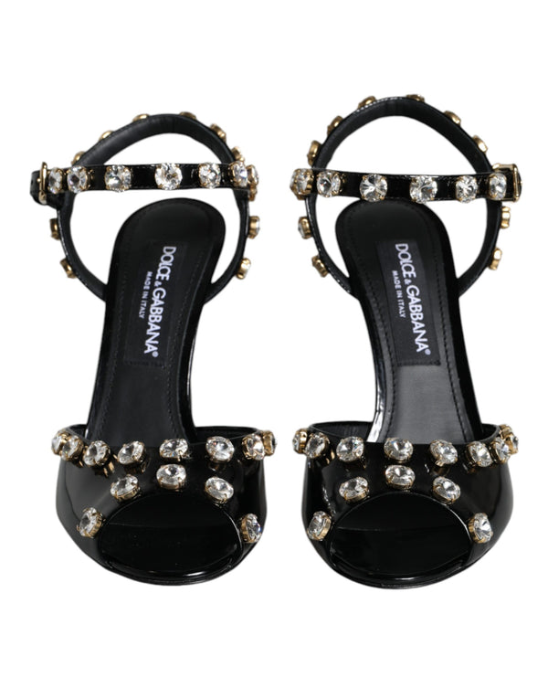 Schwarze Leder-Kristall-Knöchelriemen-Sandalen Schuhe