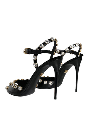Schwarze Leder-Kristall-Knöchelriemen-Sandalen Schuhe
