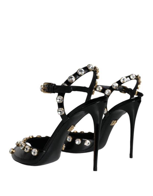 Schwarze Leder-Kristall-Knöchelriemen-Sandalen Schuhe