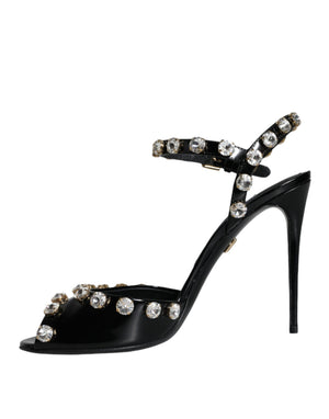 Schwarze Leder-Kristall-Knöchelriemen-Sandalen Schuhe