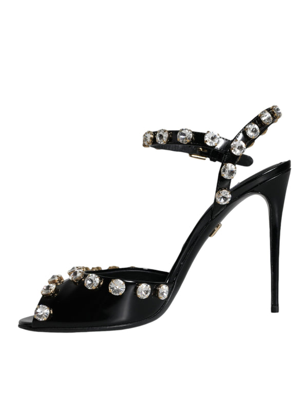 Schwarze Leder-Kristall-Knöchelriemen-Sandalen Schuhe