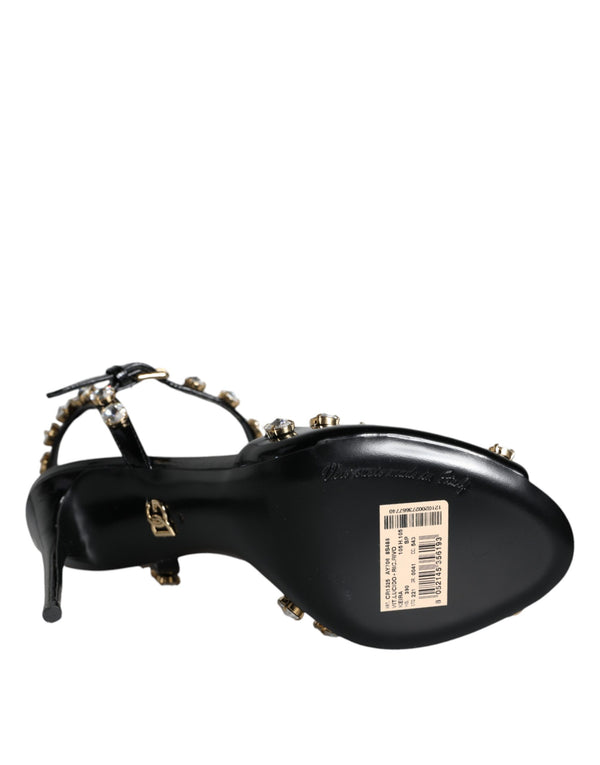 Schwarze Leder-Kristall-Knöchelriemen-Sandalen Schuhe