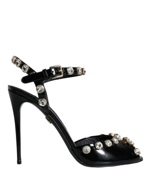 Schwarze Leder-Kristall-Knöchelriemen-Sandalen Schuhe