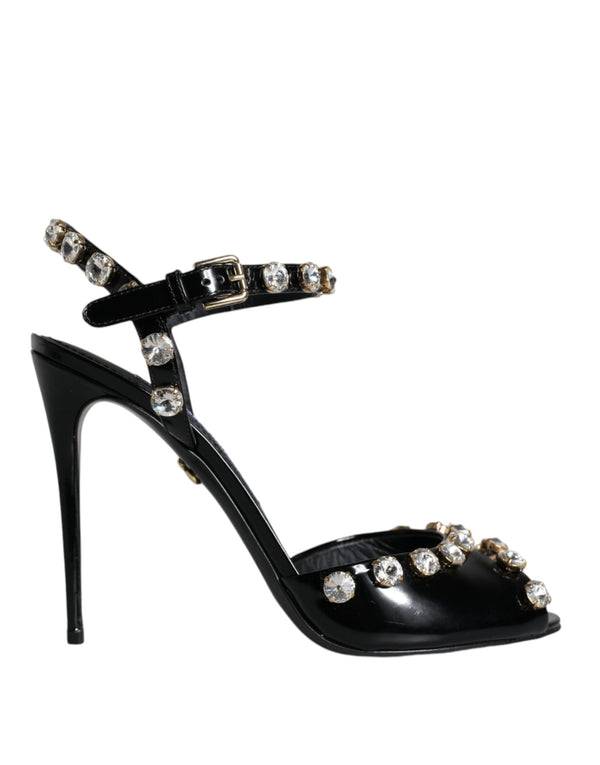 Schwarze Leder-Kristall-Knöchelriemen-Sandalen Schuhe
