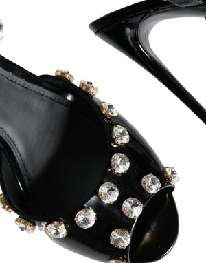 Schwarze Leder-Kristall-Knöchelriemen-Sandalen Schuhe