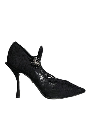 Black Mary Jane Pumps Lace Crystals Heels Shoes