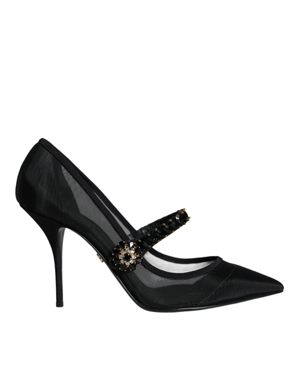 Schwarz Mesh Mary Jane Crystal Heel Pumps Schuhe