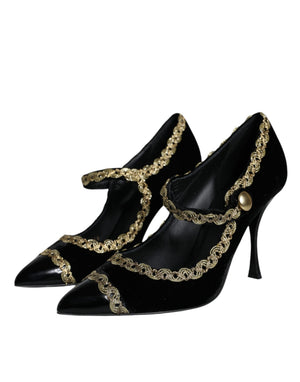 Schwarz Mary Janes Samt Gold Pumps Schuhe