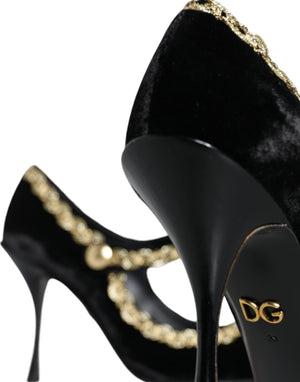 Schwarz Mary Janes Samt Gold Pumps Schuhe