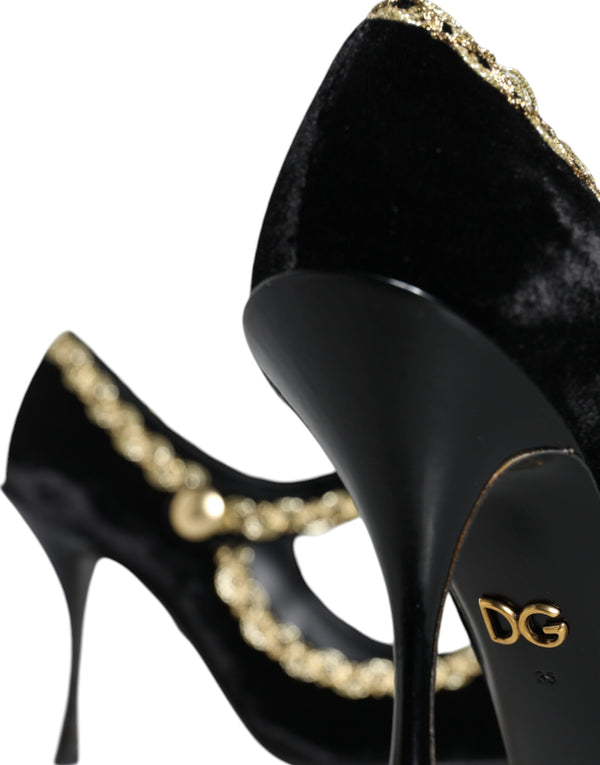Schwarz Mary Janes Samt Gold Pumps Schuhe