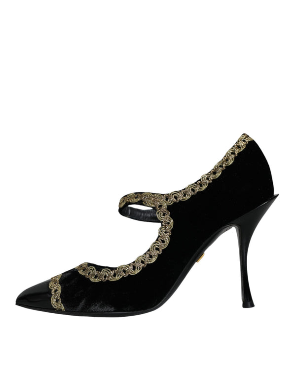 Schwarz Mary Janes Samt Gold Pumps Schuhe