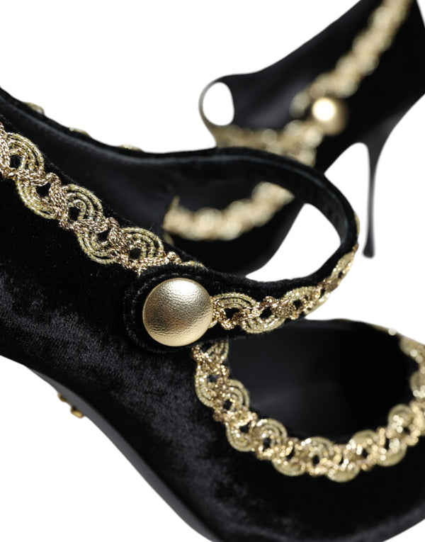 Schwarz Mary Janes Samt Gold Pumps Schuhe
