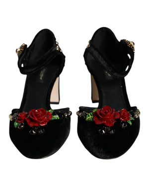 Schwarzer Samt Rosen Knöchelriemen Pumps Schuhe