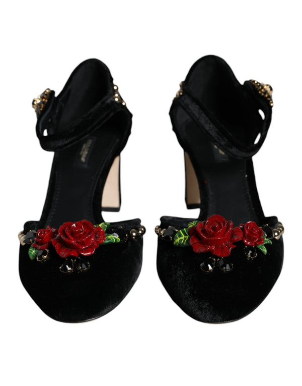 Schwarzer Samt Rosen Knöchelriemen Pumps Schuhe