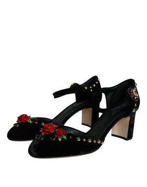 Schwarzer Samt Rosen Knöchelriemen Pumps Schuhe