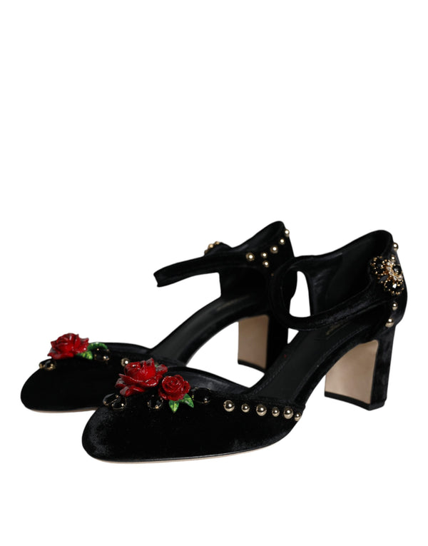 Schwarzer Samt Rosen Knöchelriemen Pumps Schuhe