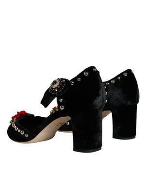 Schwarzer Samt Rosen Knöchelriemen Pumps Schuhe