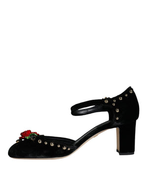 Schwarzer Samt Rosen Knöchelriemen Pumps Schuhe