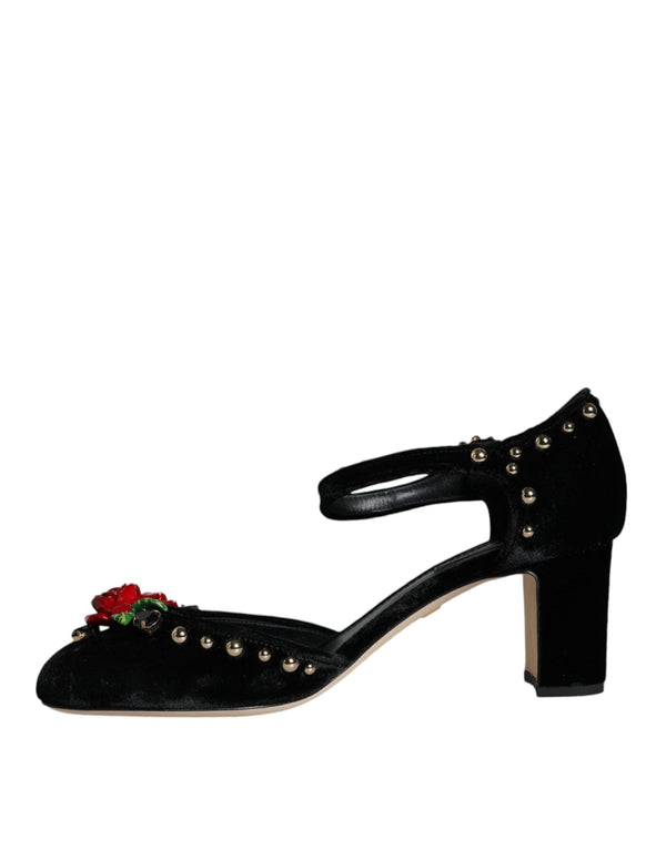 Schwarzer Samt Rosen Knöchelriemen Pumps Schuhe