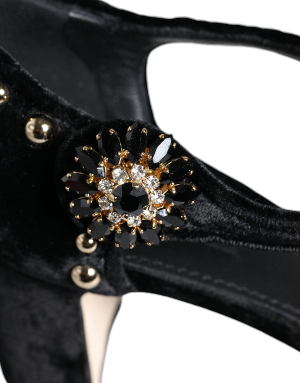 Schwarzer Samt Rosen Knöchelriemen Pumps Schuhe