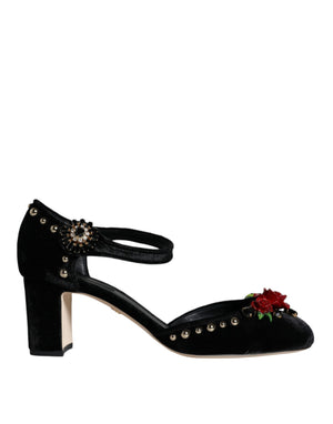 Schwarzer Samt Rosen Knöchelriemen Pumps Schuhe