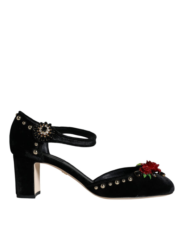 Schwarzer Samt Rosen Knöchelriemen Pumps Schuhe
