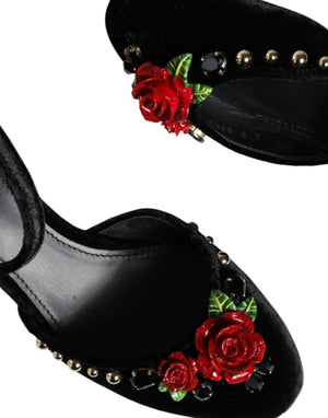 Schwarzer Samt Rosen Knöchelriemen Pumps Schuhe