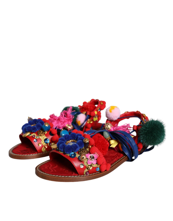 Multicolor Pom Pom Pelz Wrap Sandalen Schuhe