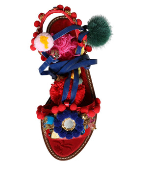Multicolor Pom Pom Pelz Wrap Sandalen Schuhe
